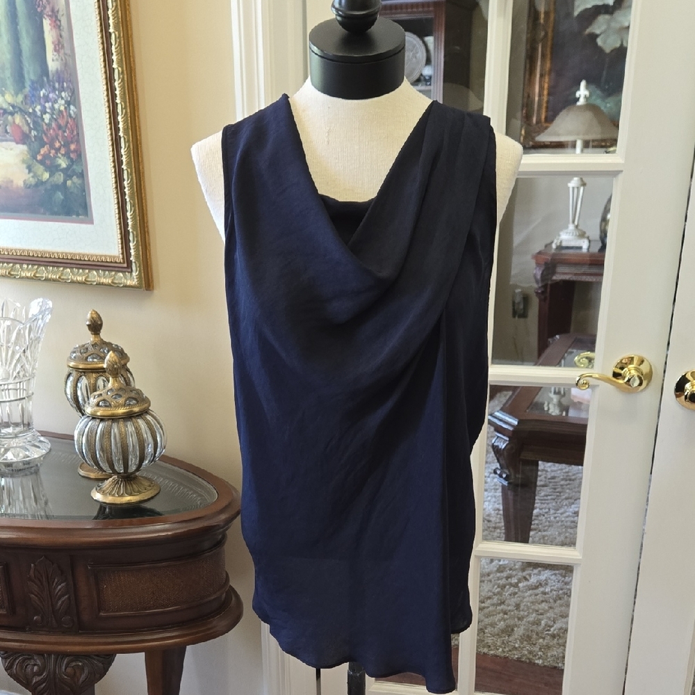 Ann Taylor Navy Blue Draped Sleeveless Blouse Back Zipper Size Large Excellent